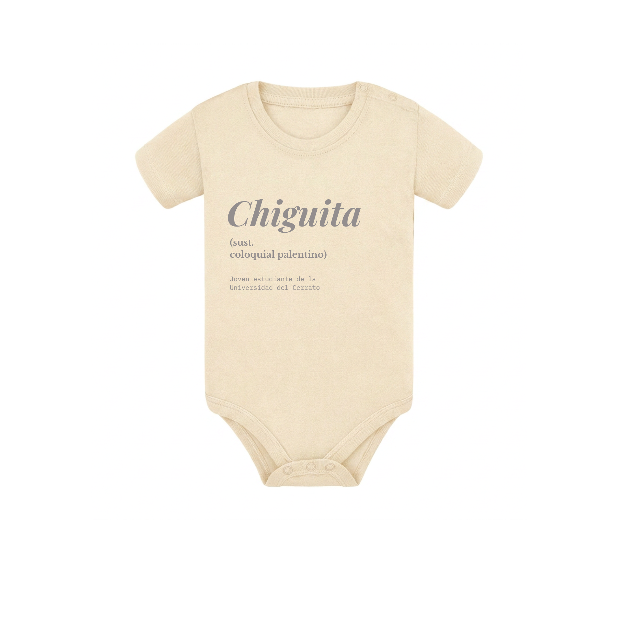 Body de bebé para regalo original en Palencia (Castilla y León) color beige con diseño urbano y estampado de Chiguita en el pecho.
