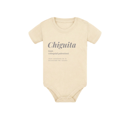 Body de bebé para regalo original en Palencia (Castilla y León) color beige con diseño urbano y estampado de Chiguita en el pecho.