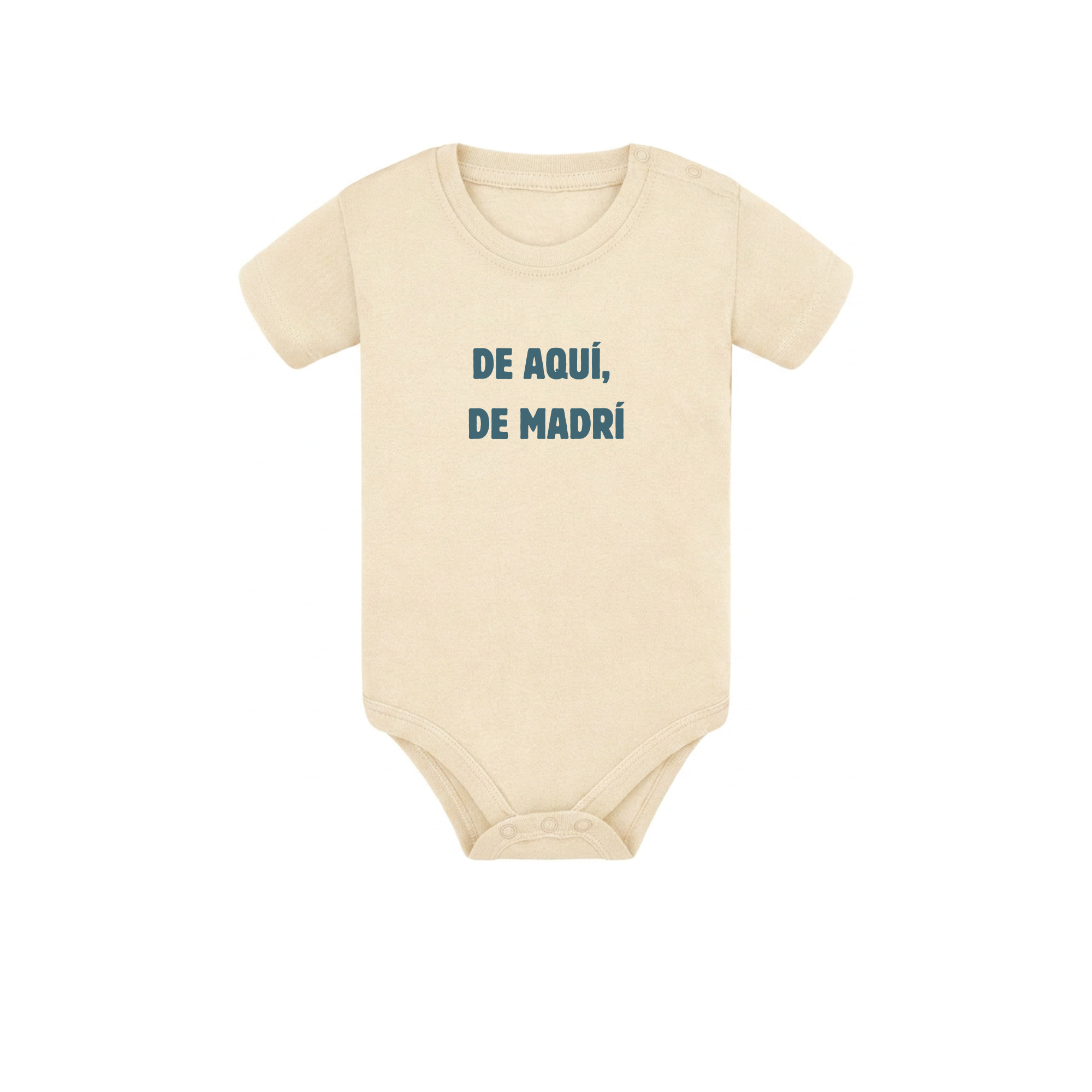 Body de bebé para regalo original en Madrid color beige con diseño urbano de la marca Zander y la frase De aquí de Madrí estampada en el pecho.
