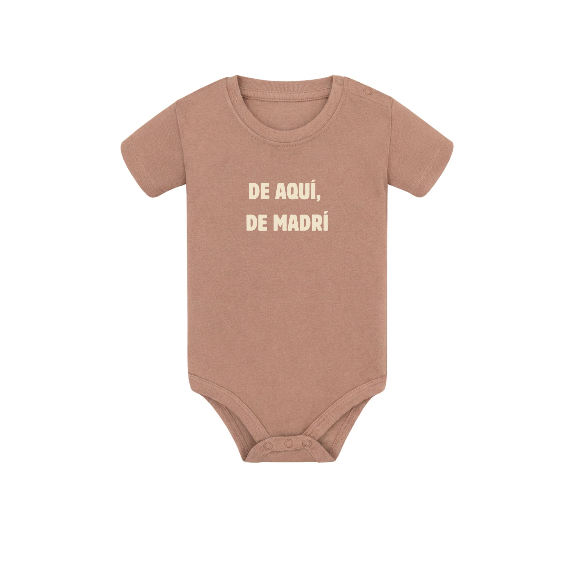 Body de bebé para regalo original en Madrid color nuez con diseño urbano de la marca Zander y la frase De aquí de Madrí estampada en el pecho.