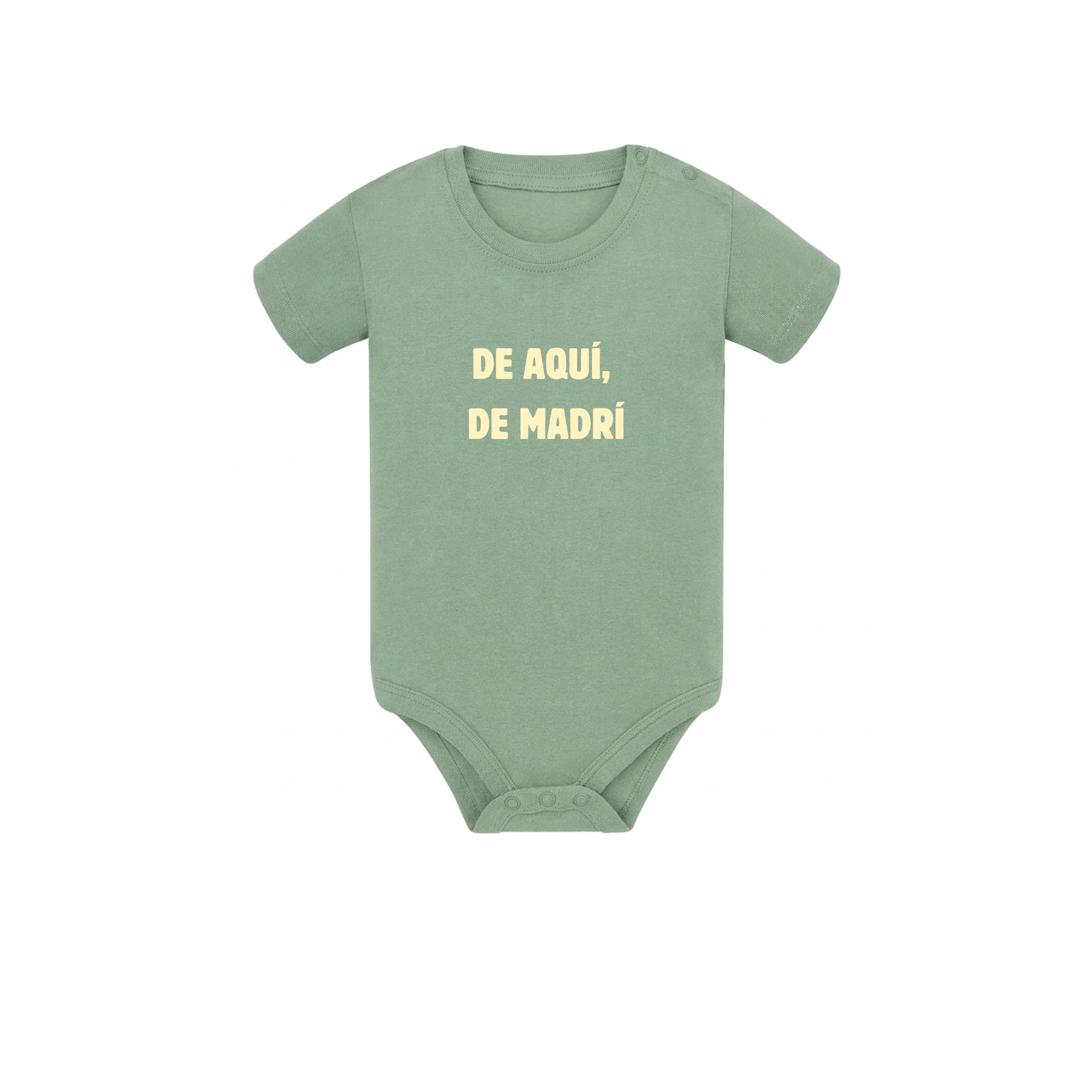 Body de bebé para regalo original en Madrid color verde menta con diseño urbano y la frase De aquí de Madrí en amarillo pastel de Zander.