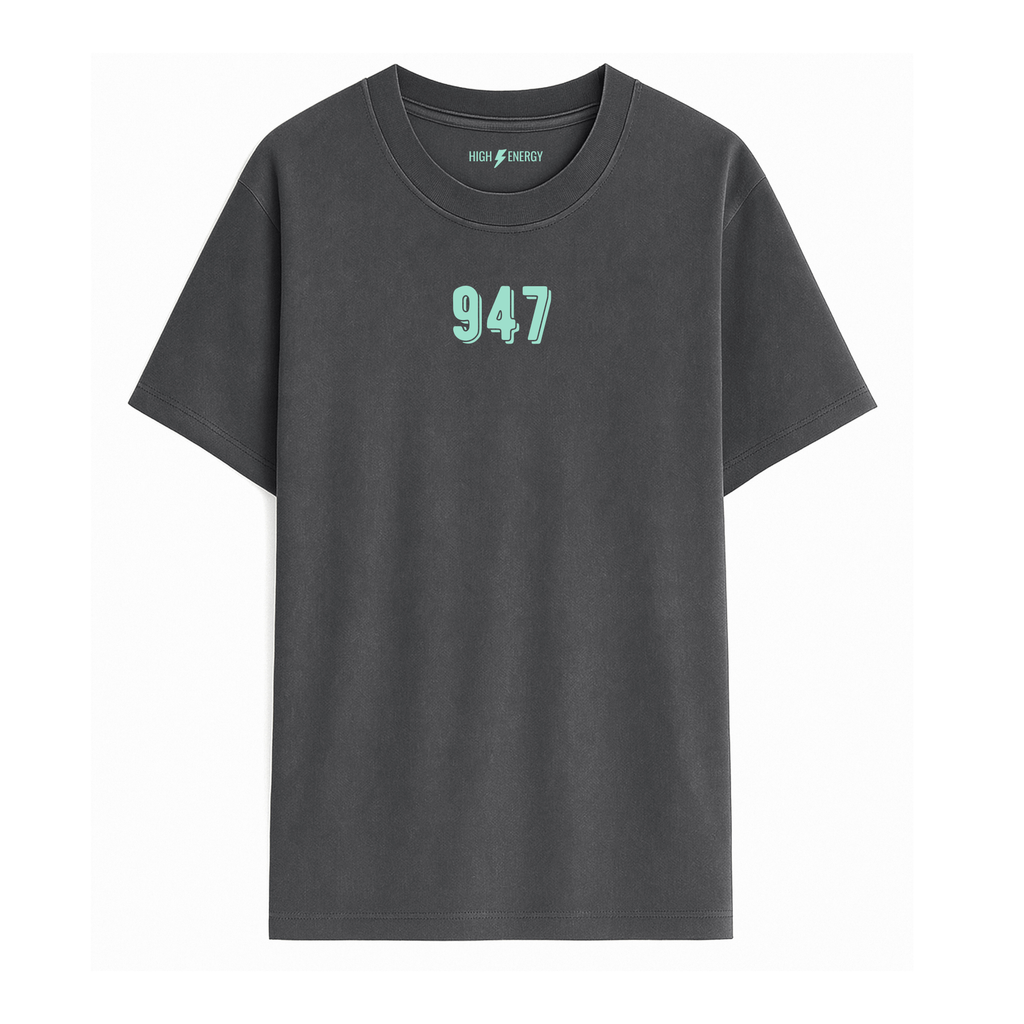 Camiseta de adulto estilo streetwear en Burgos (Castilla y León) color gris antracita con diseño urbano 947 en verde menta de Zander.