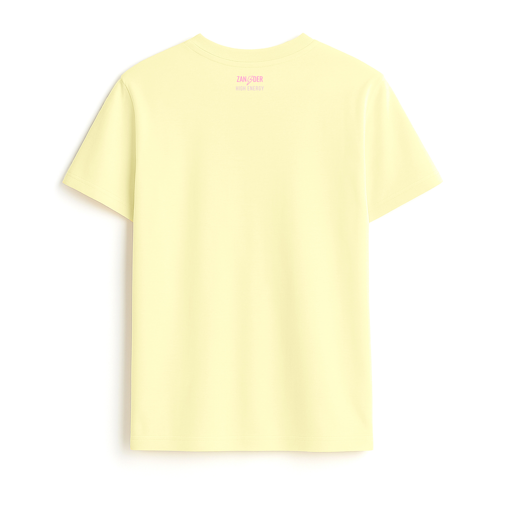 Vista trasera de la camiseta básica unisex de algodón orgánico color amarillo pastel de la marca Zander.