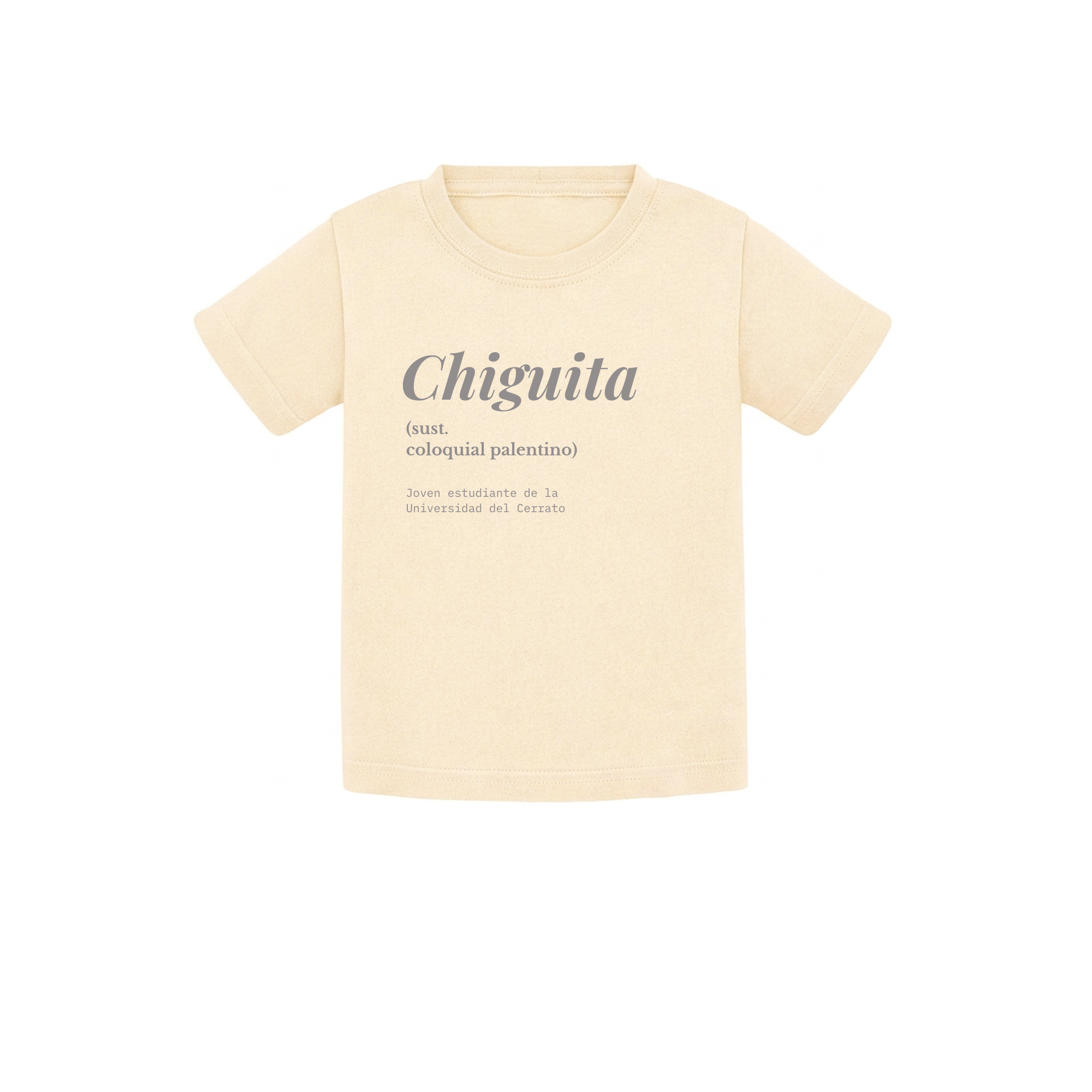 Camiseta de bebé para regalo original en Palencia (Castilla y León) color beige con diseño urbano y estampado de Chiguita en el pecho.