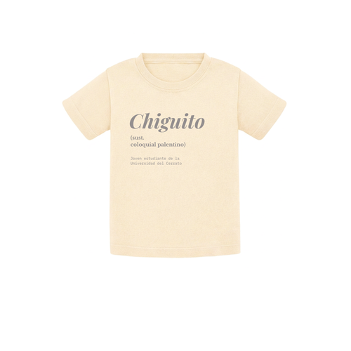 Camiseta de bebé para regalo original en Palencia (Castilla y León) color beige con diseño urbano y estampado de Chiguita en el pecho