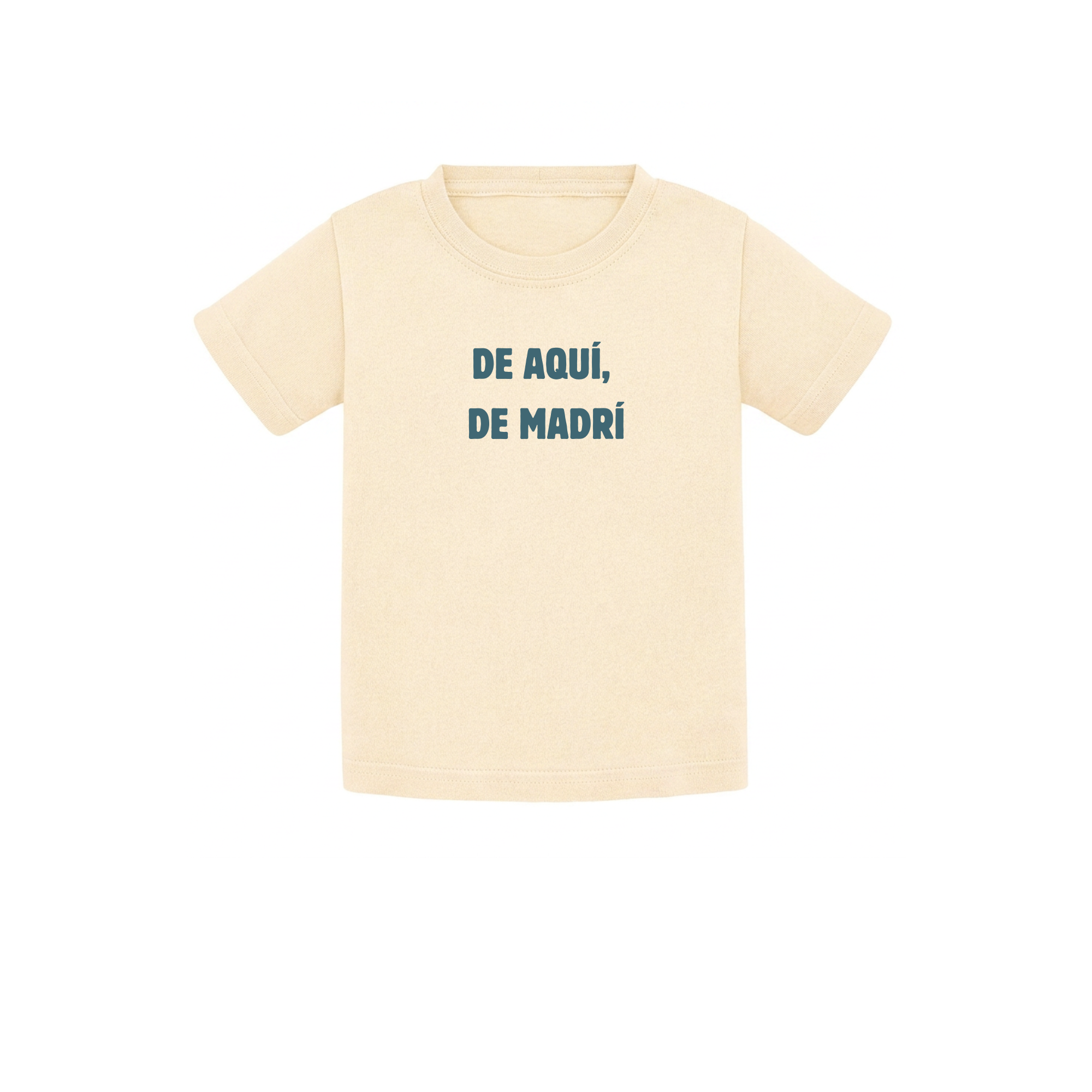 Camiseta de bebé para regalo original en Madrid color beige con diseño urbano y la frase De aquí de Madrí en azul petróleo de Zander.