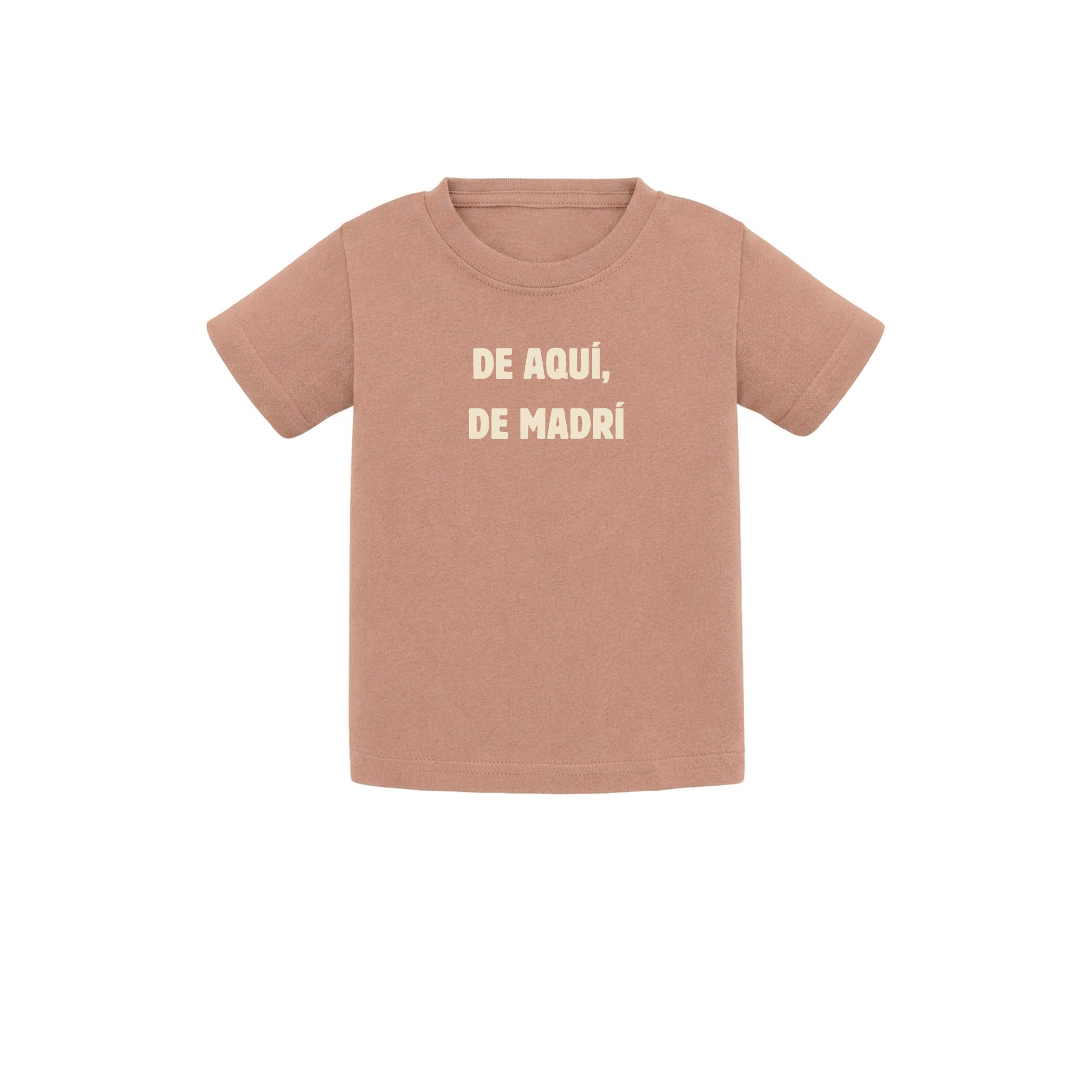 Camiseta de bebé para regalo original en Madrid color nuez con diseño urbano de la marca Zander y la frase De aquí de Madrí estampada en el pecho.