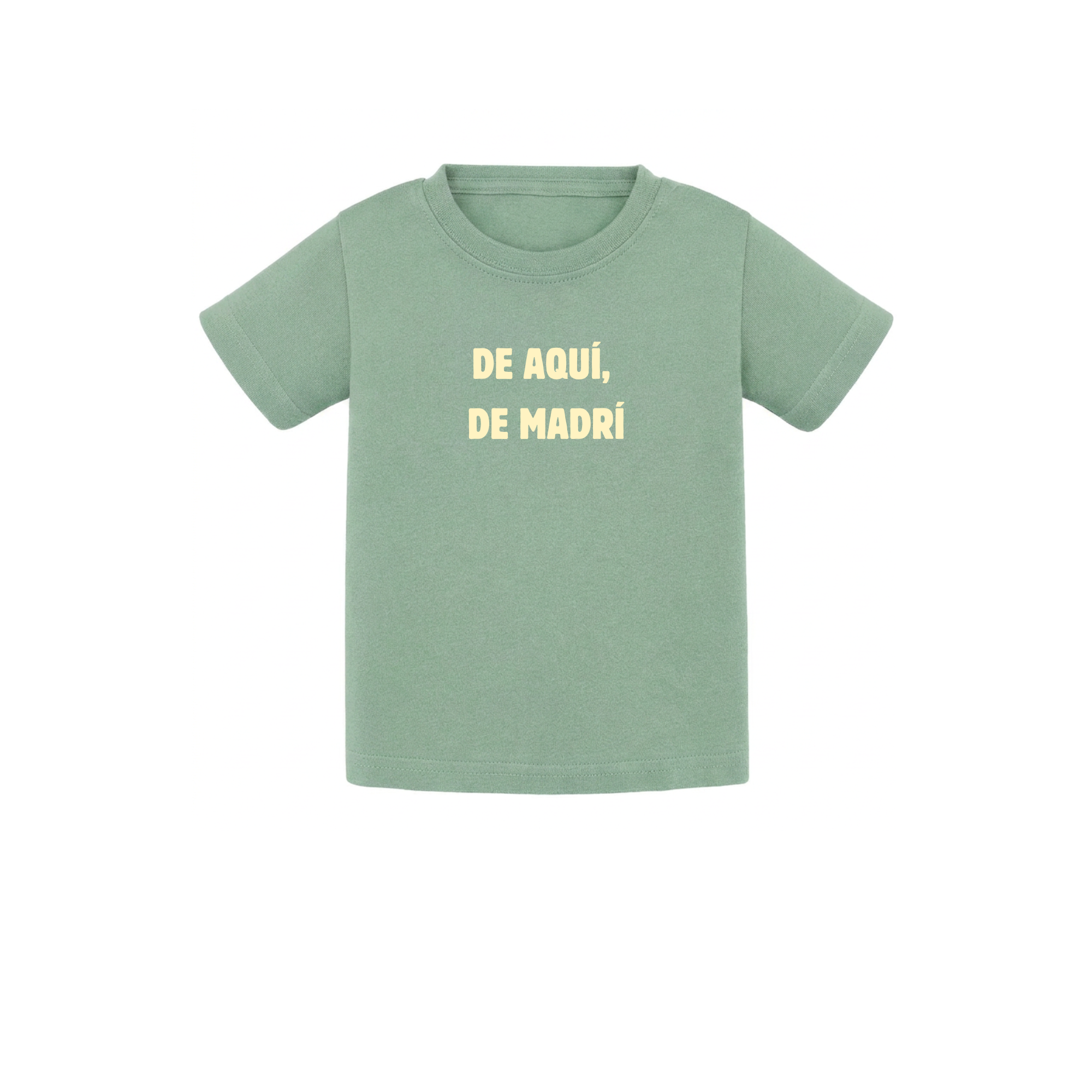 Camiseta de bebé para regalo original en Madrid color verde menta con diseño urbano de la marca Zander y la frase De aquí de Madrí estampada en el pecho.