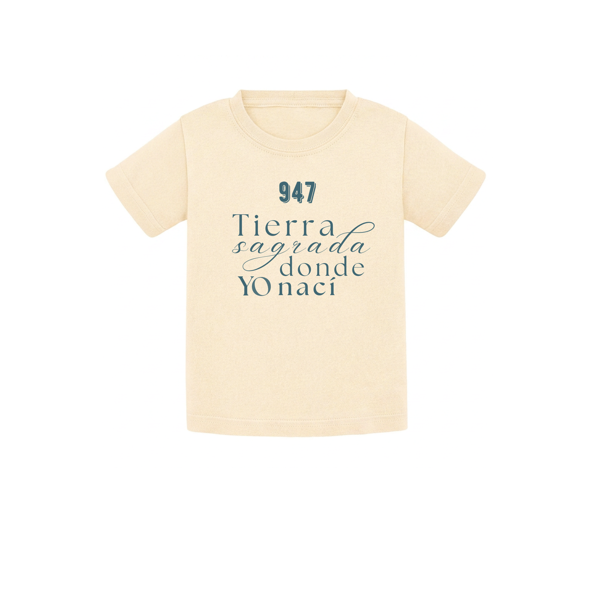 Camiseta de bebé para regalo original en Burgos (Castilla y León) color beige con la frase Tierra sagrada donde yo nací de la marca Zander.