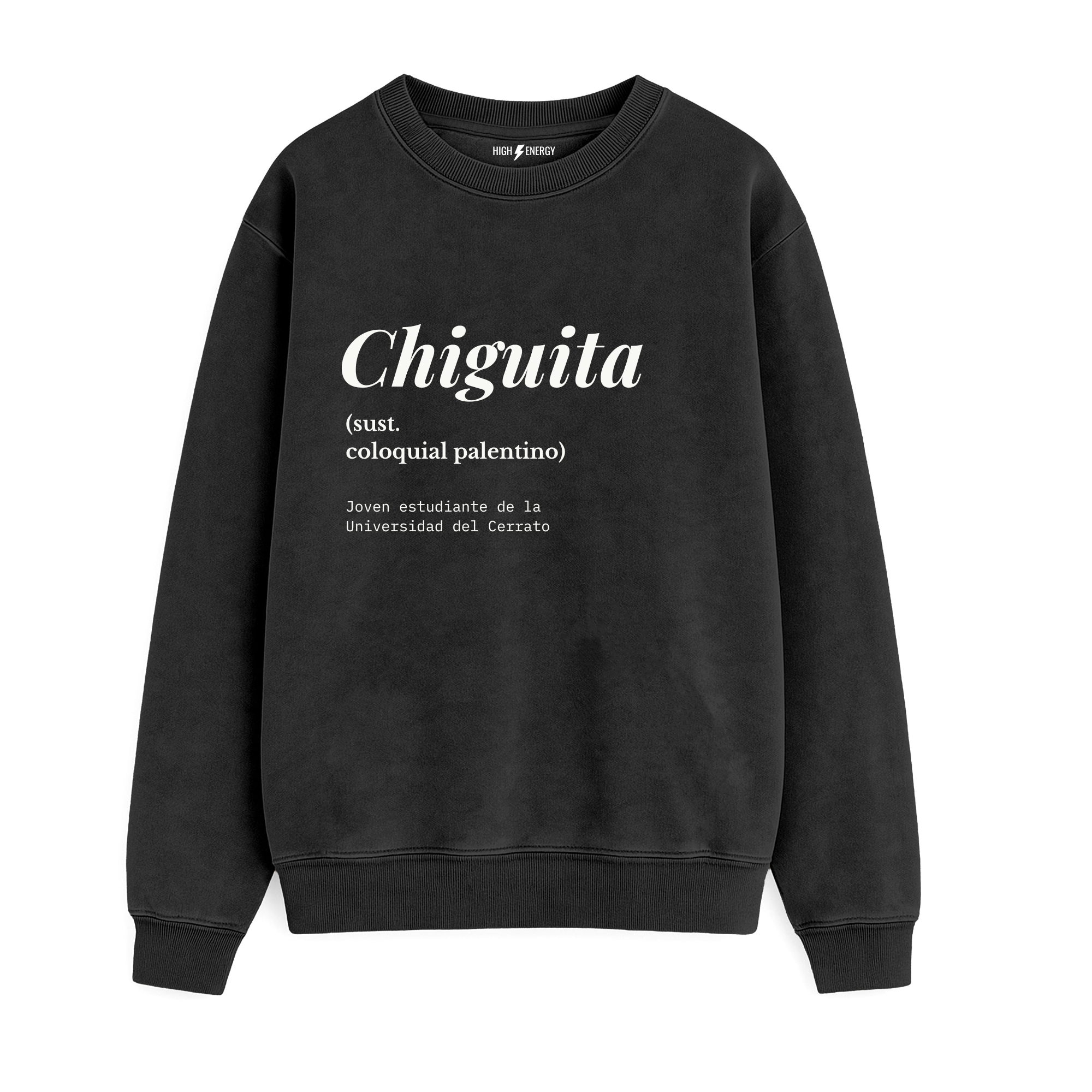 Sudadera de adulto estilo streetwear en Palencia (Castilla y León) color negro con diseño urbano de diccionario Chiguita en blanco de Zander.