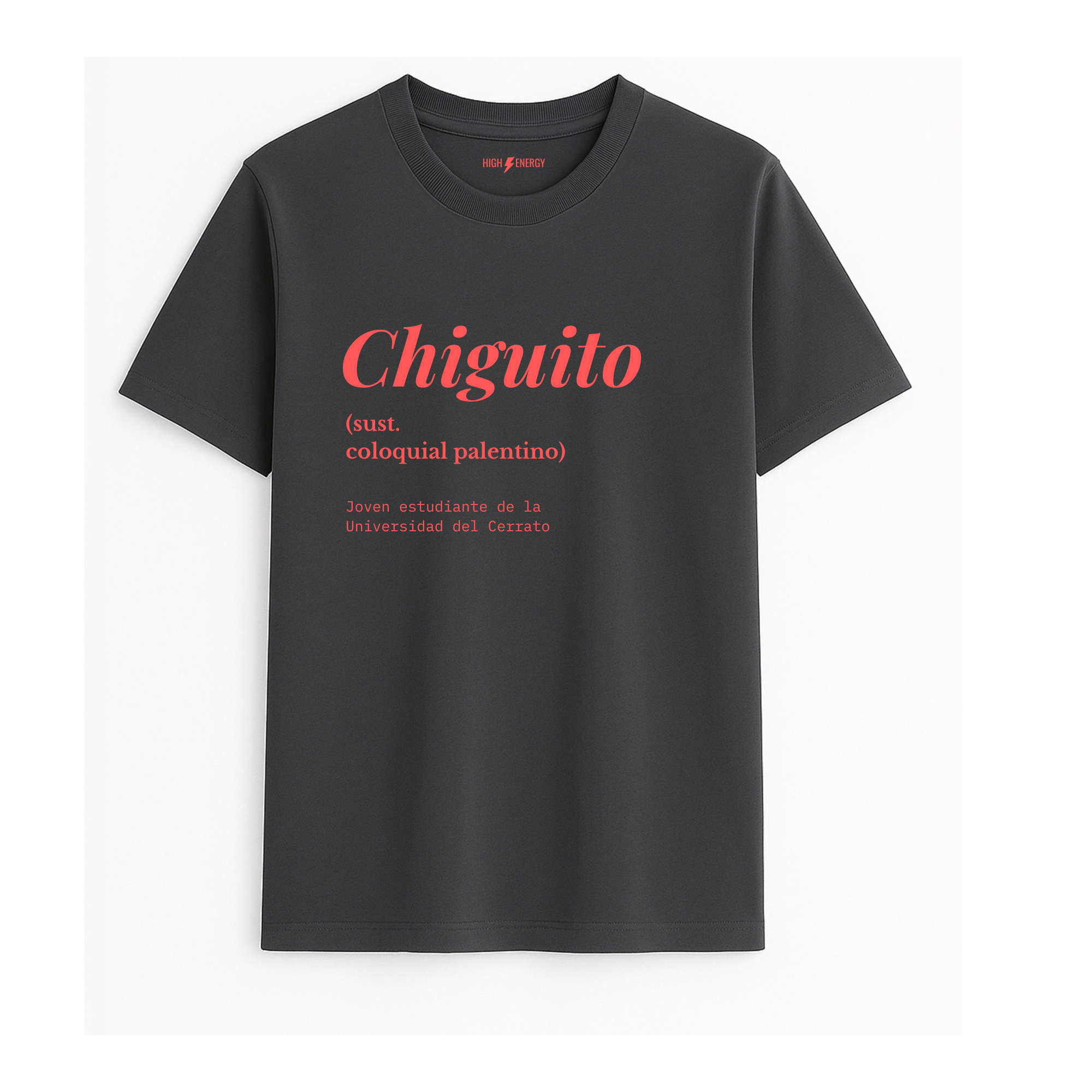 Camiseta de adulto estilo streetwear en Palencia (Castilla y León) color gris antracita con diseño urbano Chiguito en color rojo coral de Zander.