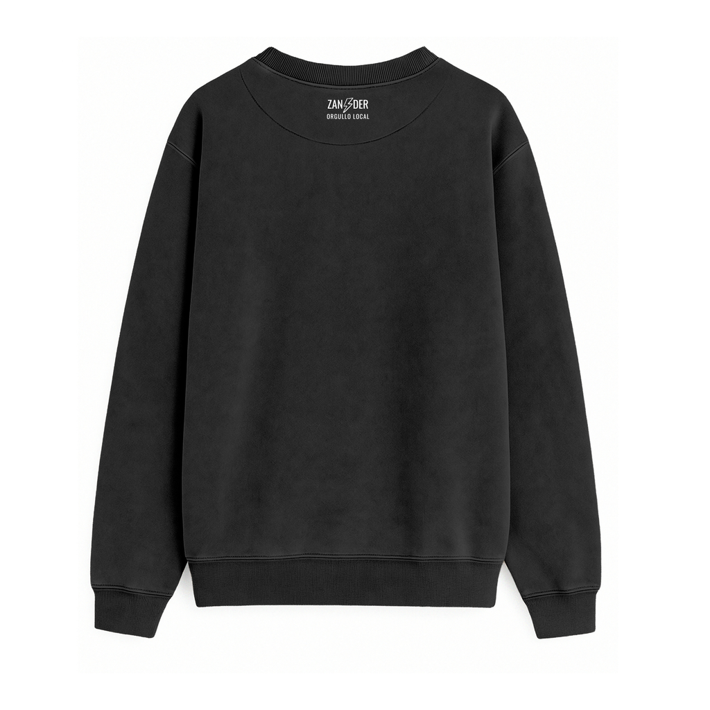 Vista trasera de la sudadera básica de cuello redondo color negro de la marca Zander.