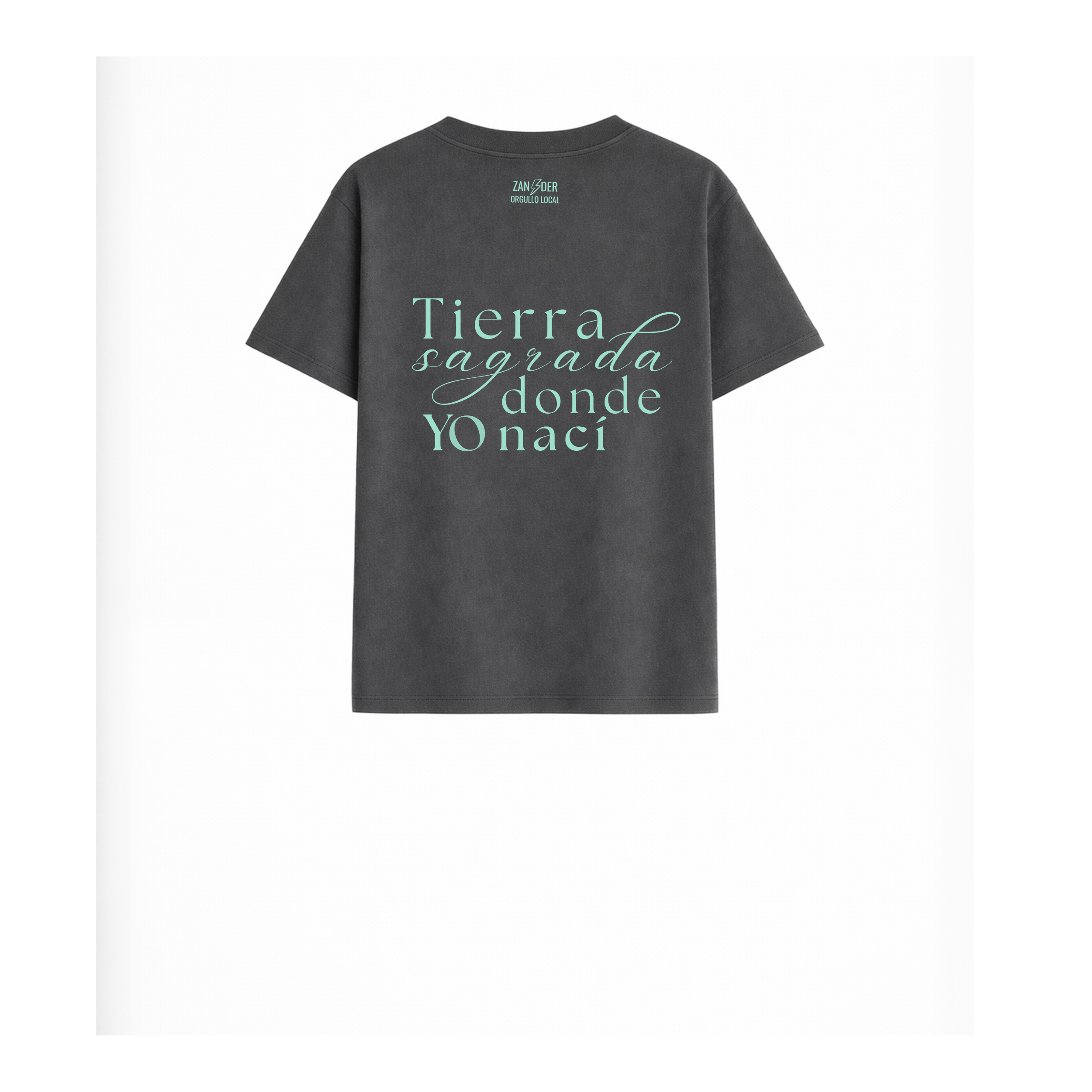 Vista trasera de la camiseta para niños color gris antracita con la frase Tierra sagrada donde yo nací de la marca Zander.