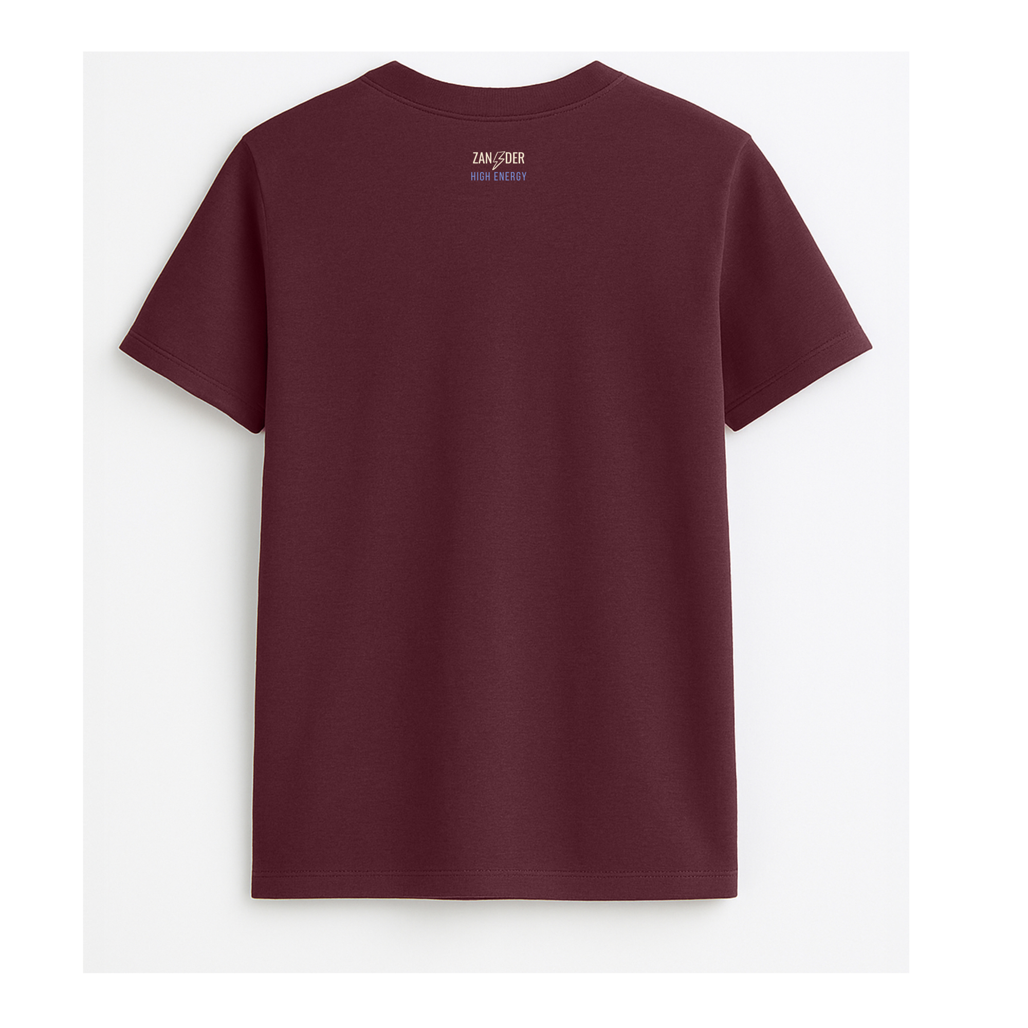 Vista trasera de la camiseta básica unisex de algodón orgánico color granate de la marca Zander.
