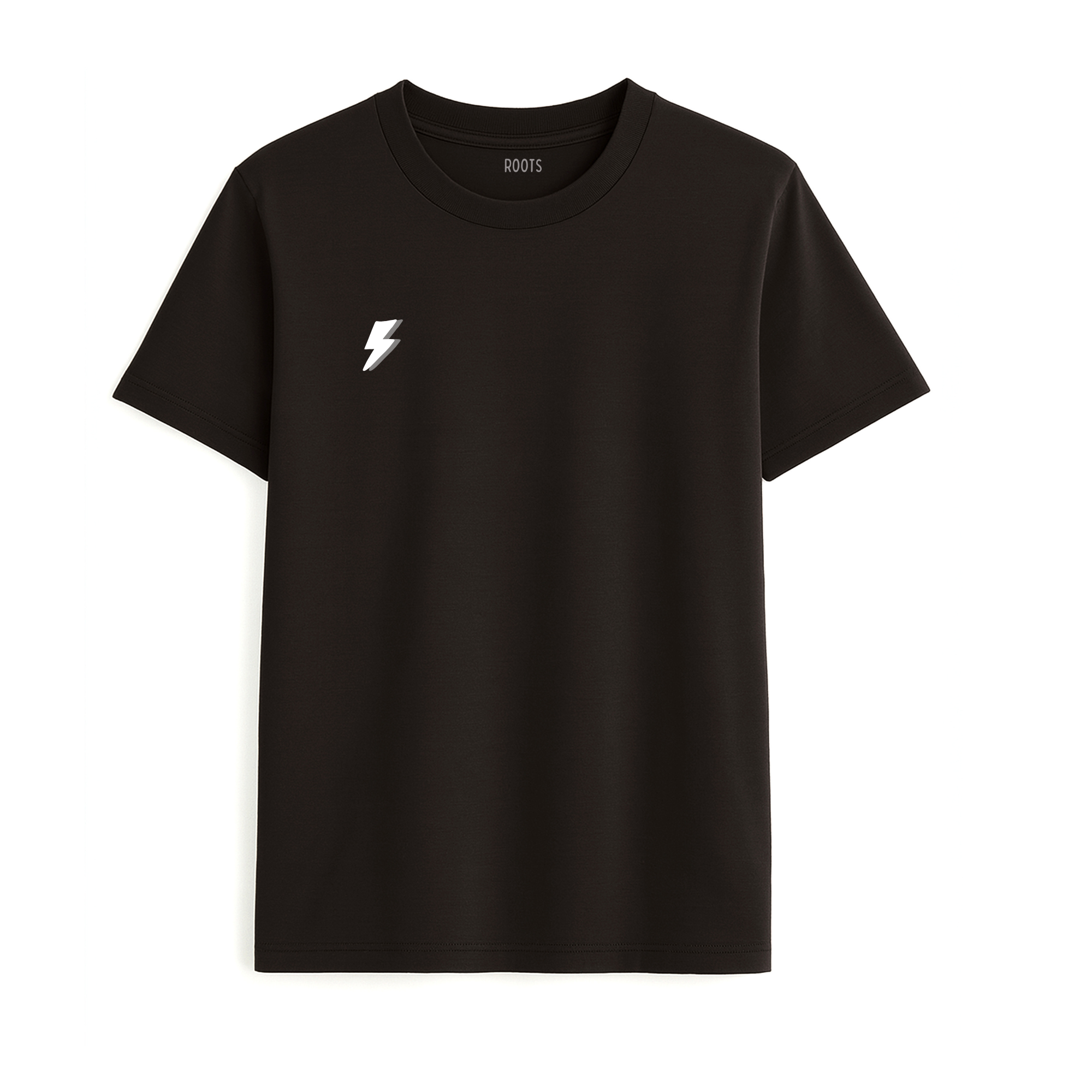 Camiseta de adulto estilo streetwear colección Roots color negro con detalle del rayo minimalista en color blanco en el pecho de Zander.
