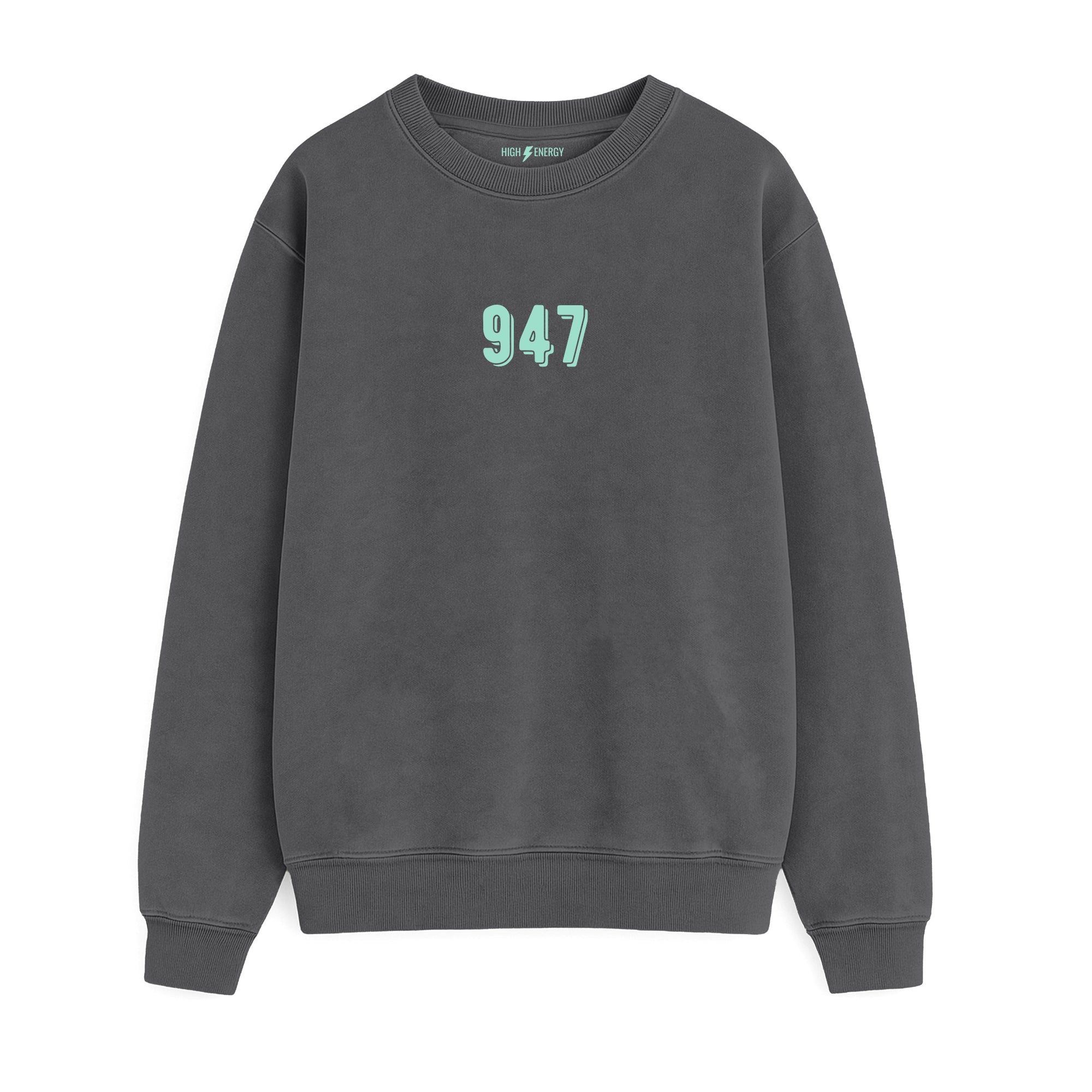 Sudadera de adulto estilo streetwear en Burgos (Castilla y León) color gris antracita con diseño urbano de 947 en verde menta de  la marca Zander.