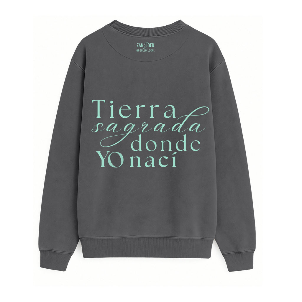 Vista trasera de la sudadera 947 Burgos calling de algodón orgánico color gris antracita de la marca Zander con frase Tierra sagrada donde yo nací en verde menta.