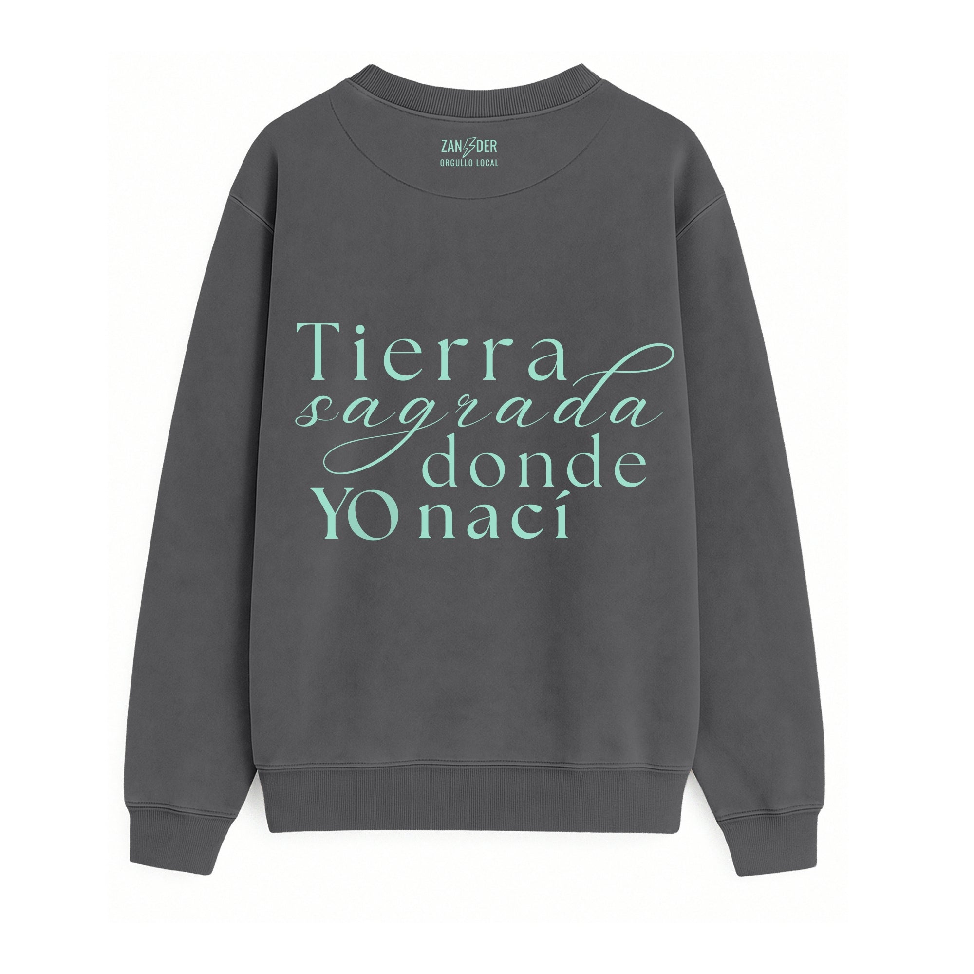 Vista trasera de la sudadera 947 Burgos calling de algodón orgánico color gris antracita de la marca Zander con frase Tierra sagrada donde yo nací en verde menta.