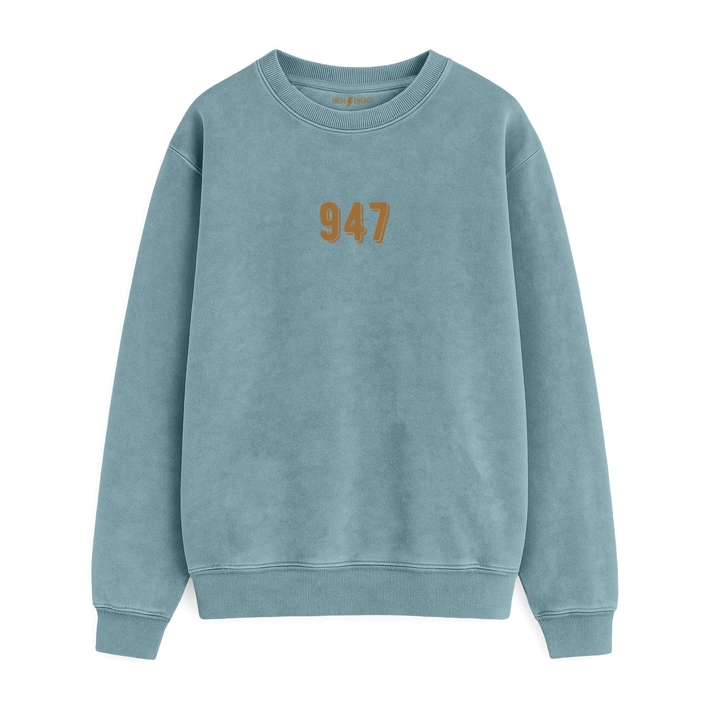 Sudadera de adulto estilo streetwear en Burgos (Castilla y León) color azul horizonte con diseño urbano de 947 en marrón coco de Zander.
