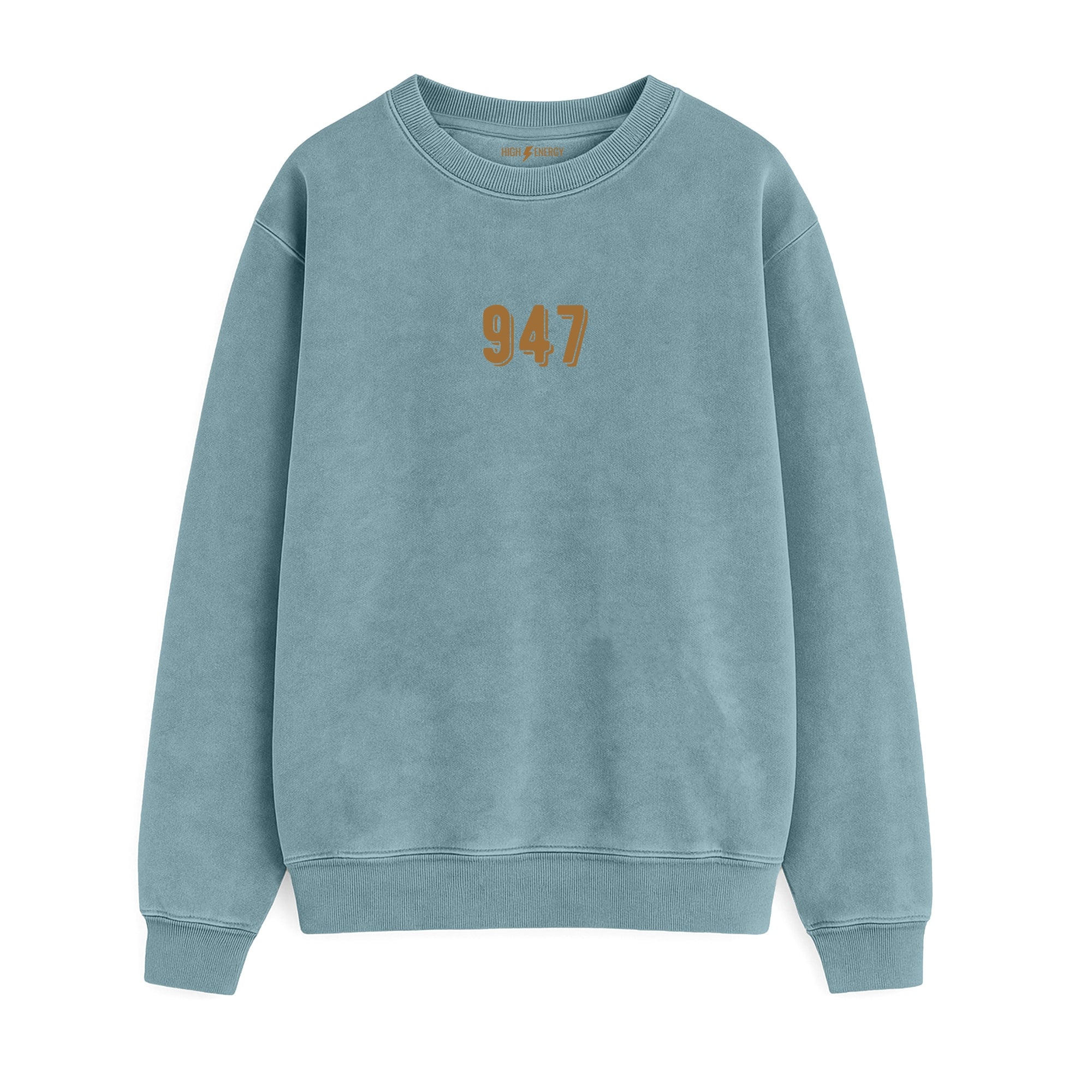 Sudadera de adulto estilo streetwear en Burgos (Castilla y León) color azul horizonte con diseño urbano de 947 en marrón coco de Zander.