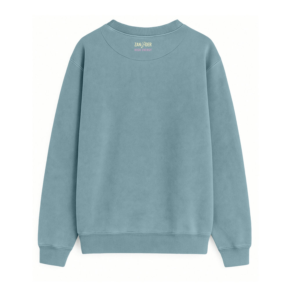 Vista trasera de la sudadera básica unisex de algodón orgánico color azul horizonte de la marca Zander.