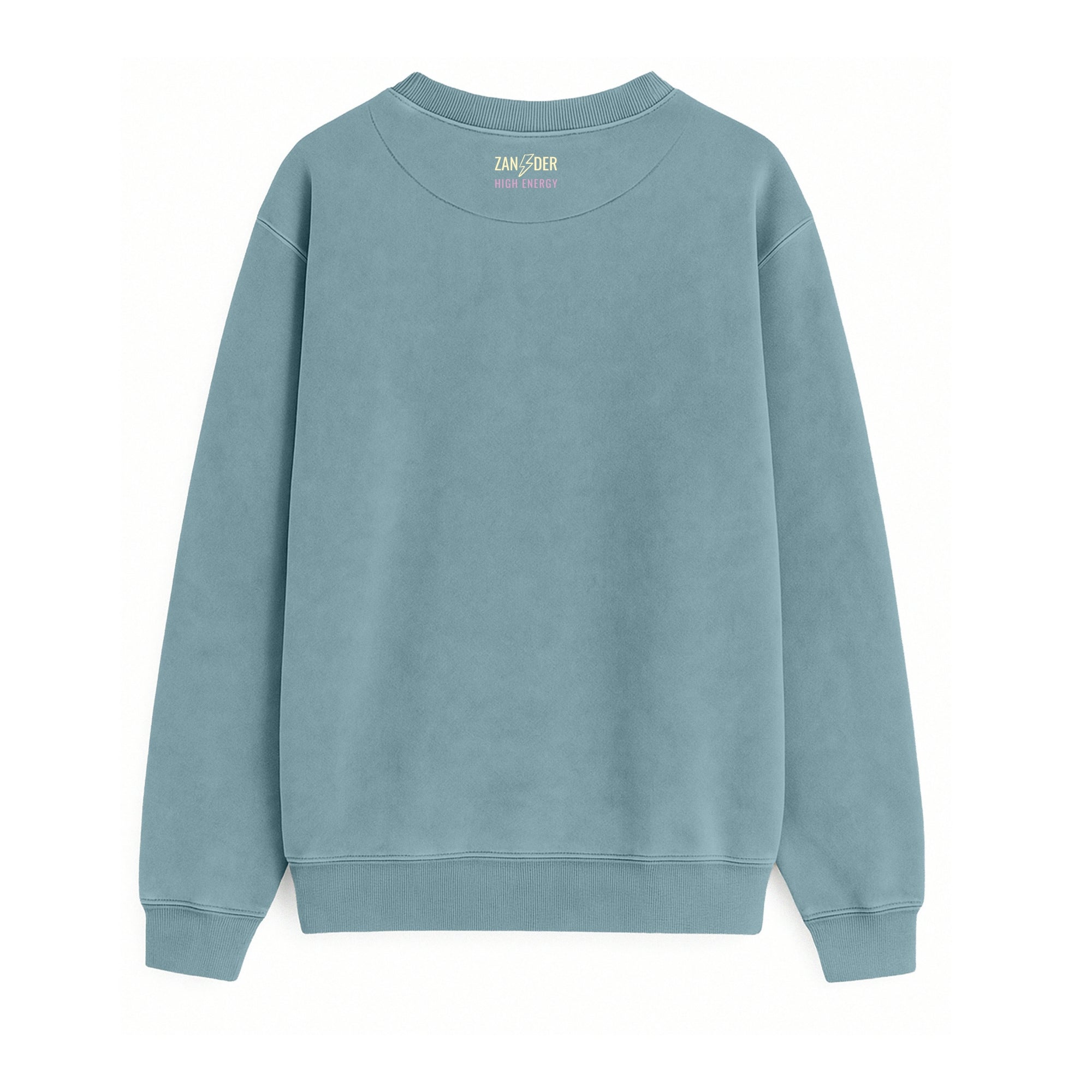 Vista trasera de la sudadera básica unisex de algodón orgánico color azul horizonte de la marca Zander.