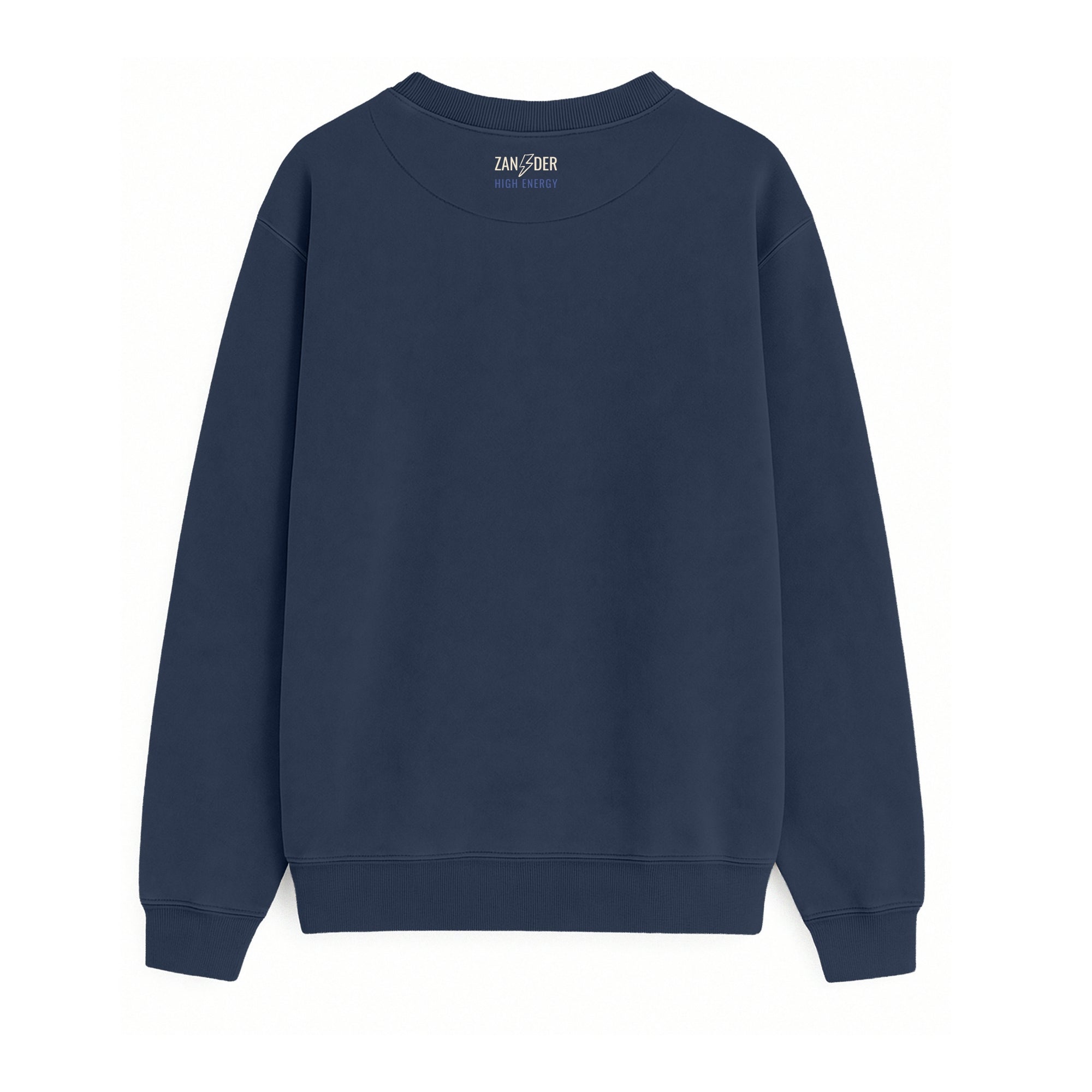 Vista trasera de la sudadera básica unisex de algodón orgánico color azul marino de la marca Zander.