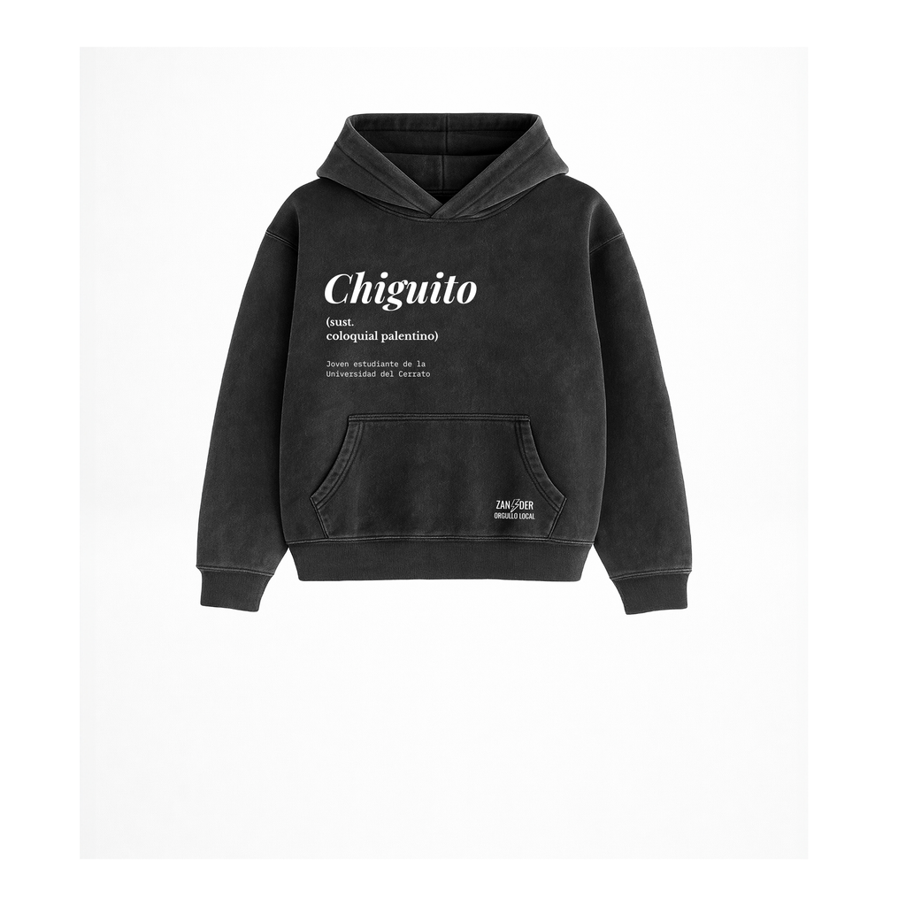 Sudadera con capucha para niños para regalo original en Palencia (Castilla y León) color negro con diseño urbano Chiguito de Zander.