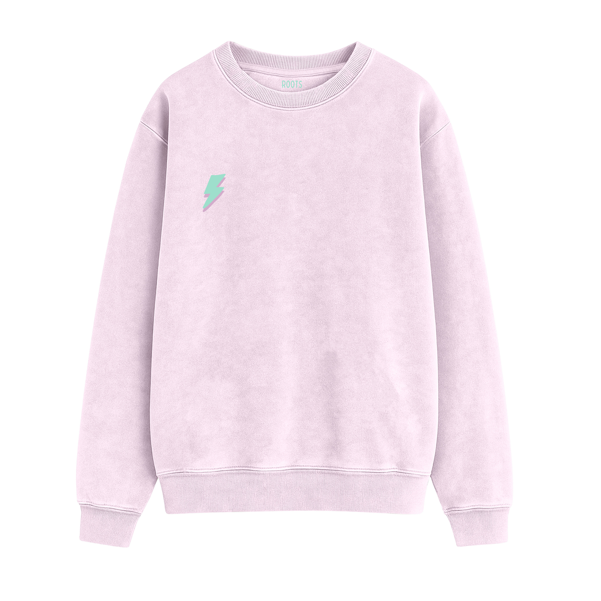 Sudadera de adulto estilo streetwear colección Roots color lila con detalle de rayo minimalista en color verde menta en el pecho de la marca Zander.