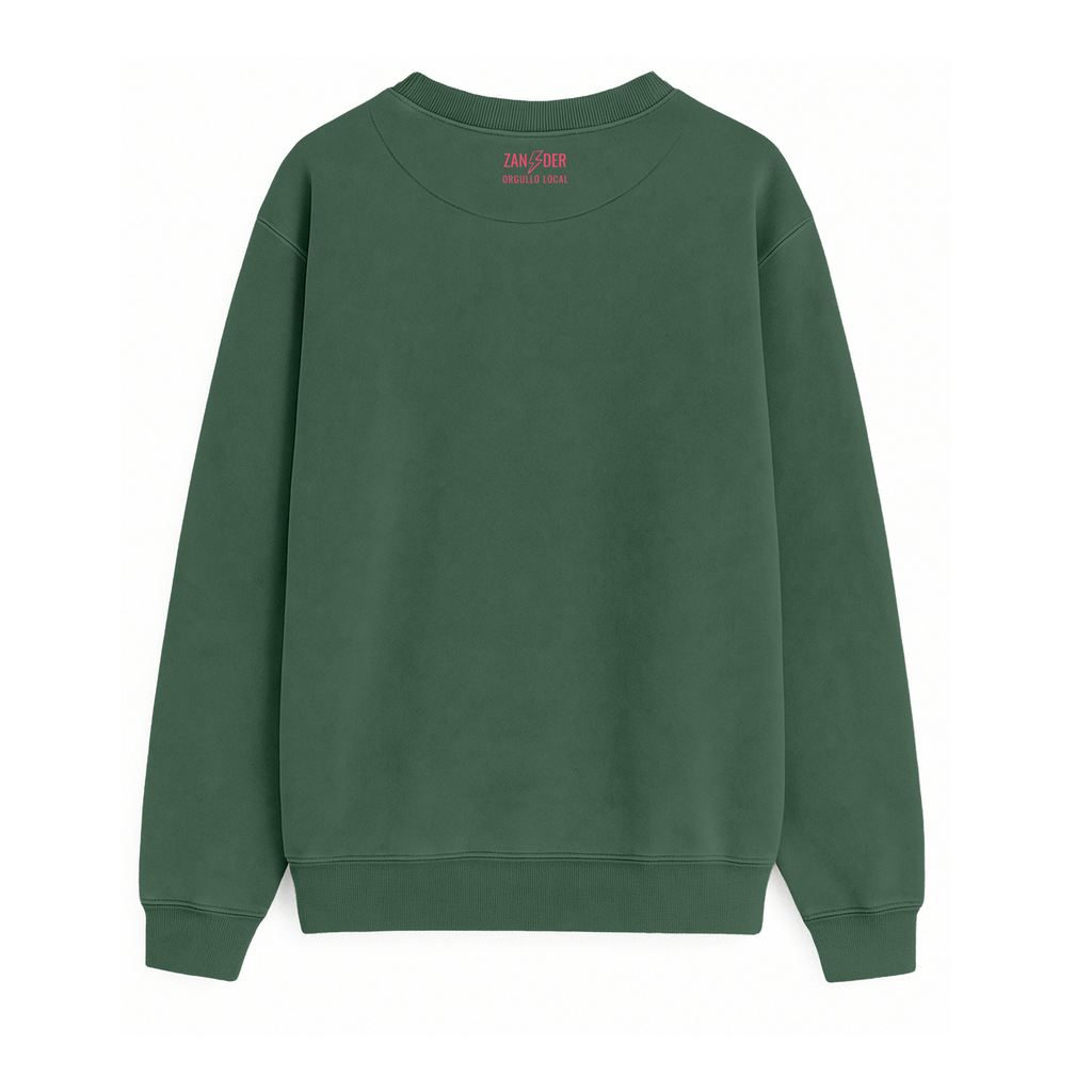 Vista trasera de la sudadera básica de cuello redondo color verde selva de la marca Zander.