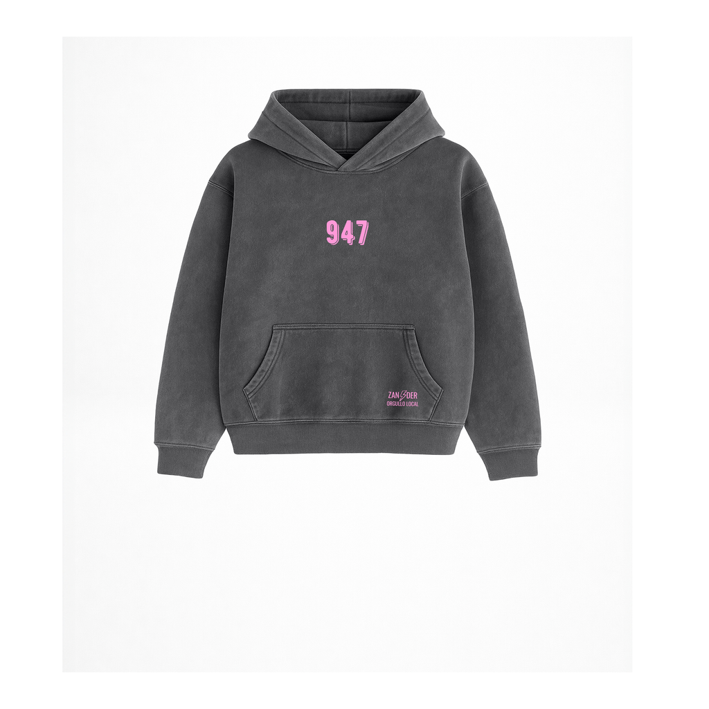 Sudadera con capucha para niños para regalo original en Burgos (Castilla y León) color gris antracita con diseño urbano 947 en rosa chicle de Zander.