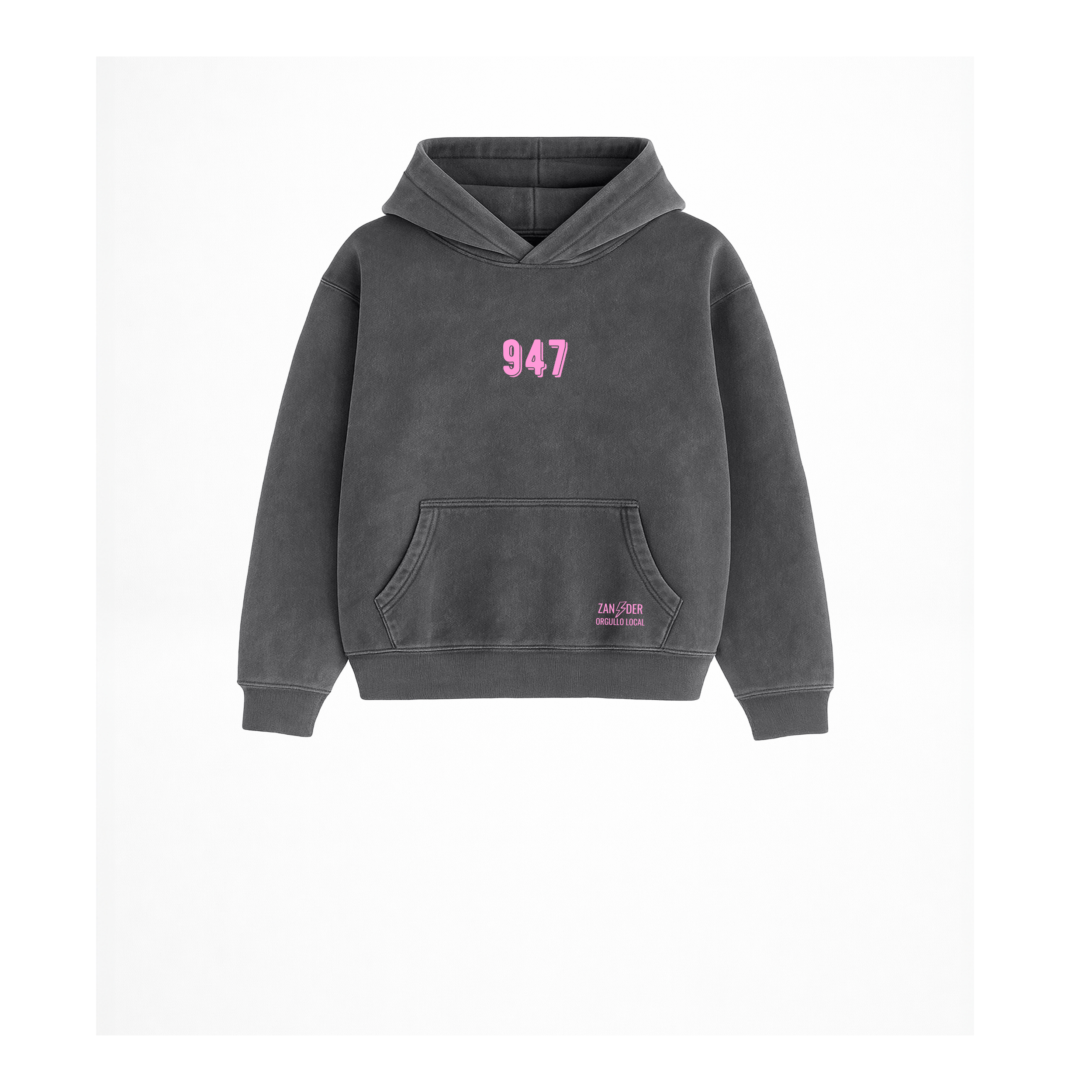 Sudadera con capucha para niños para regalo original en Burgos (Castilla y León) color gris antracita con diseño urbano 947 en rosa chicle de Zander.