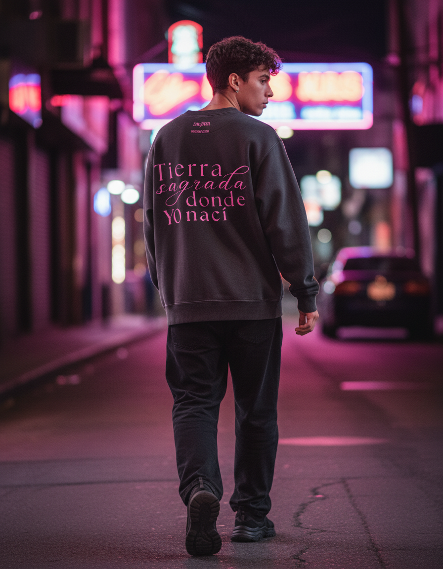 Sudadera de adulto estilo streetwear en Burgos (Castilla y León) color marrón chocolate con diseño urbano en rosa chicle de la marca Zander con detalle 947 en el pecho y la frase tierra sagrada donde yo nací.