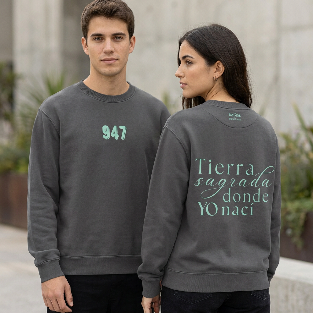 Chico y chica llevando sudadera 947 Burgos calling color gris antracita y verde mental de algodón orgánico de la marca Zander.